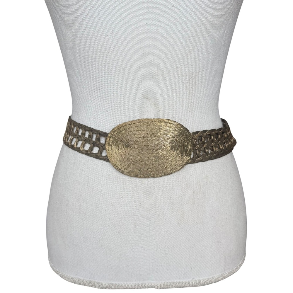 Vintage Woven Metallic Gold Bronze Raffia Belt Boho Braided Oval Buckle Large‎